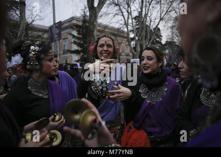 Madrid, Spain. 8th Mar, 2018. Female participants seen wearing traditional outfits during the demonstration.Thousands of people marched today through the streets of Madrid and around the world this March 8 Women's Day for equal opportunities, fairer wages for women, social justice, hundreds of political and feminist groups marched together, singing slogans in favor of the freedoms between men and women. Credit: Mario Roldan/SOPA Images/ZUMA Wire/Alamy Live News Stock Photo