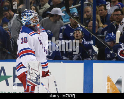 Tampa, Florida, USA. 8th Mar, 2018. DIRK SHADD | Times .New York Rangers goaltender Henrik Lundqvist (30) is chased from the net as he was pulled in favor of Rangers goaltender Alexandar Georgiev (40) after Tampa Bay Lightning center Anthony Cirelli (71) scored the team's fourth goal of the game during second period action at Amalie Arena in Tampa Thursday evening (03/08/18) Credit: Dirk Shadd/Tampa Bay Times/ZUMA Wire/Alamy Live News Stock Photo