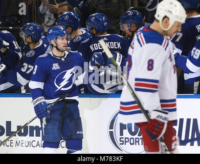 Tampa, Florida, USA. 8th Mar, 2018. DIRK SHADD | Times .Tampa Bay Lightning center Tyler Johnson (9) celebrate his goal as New York Rangers defenseman Marc Staal (18) looks on after Johnson beat Rangers goaltender Alexandar Georgiev (40) to go up 5 to 1 during second period action at Amalie Arena in Tampa Thursday evening (03/08/18) Credit: Dirk Shadd/Tampa Bay Times/ZUMA Wire/Alamy Live News Stock Photo