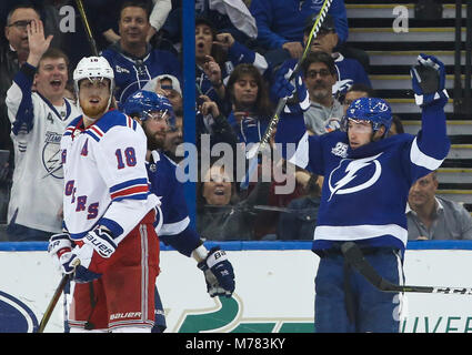 Tampa, Florida, USA. 8th Mar, 2018. DIRK SHADD | Times .Tampa Bay Lightning center Tyler Johnson (9) celebrate his goal as New York Rangers defenseman Marc Staal (18) looks on after Johnson beat Rangers goaltender Alexandar Georgiev (40) to go up 5 to 1 during second period action at Amalie Arena in Tampa Thursday evening (03/08/18) Credit: Dirk Shadd/Tampa Bay Times/ZUMA Wire/Alamy Live News Stock Photo