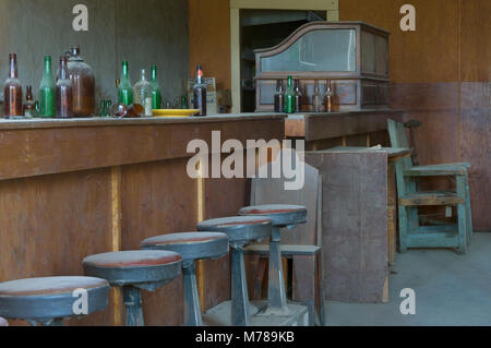 Inside the dusty saloon in ghost town Bodie, in Bodie State Historic Park, CA USA Stock Photo