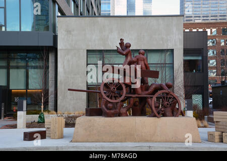 A sculpture marks the labor speakers spot in Chicago's Haymarket Square. A bomb thrown at police during the demonstration starting a riot May 4, 1886. Stock Photo