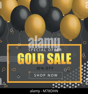 Sale Poster with shiny balloons on dark Background with golden, glitter lettering and frame Stock Vector