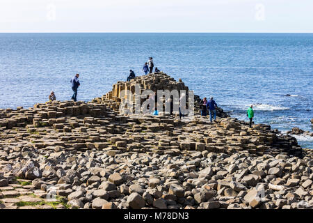 The Giant's Causeway, basalt columns from an ancient volcanic eruption in County Antrim on the north coast of Northern Ireland, close to the town of B Stock Photo