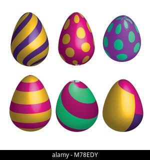 Vector set of realistic happy easter eggs in different forms isolated. 3D illustration Stock Vector