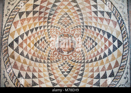 Europe, Greece, Peloponnese, ancient Corinth, Archaeological museum, mosaic from a floor of a roman villa with the head of Dionysos Stock Photo