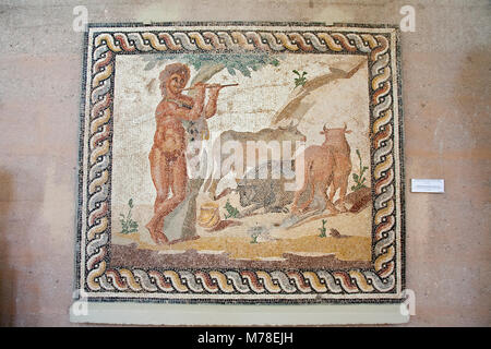 Europe, Greece, Peloponnese, ancient Corinth, Archaeological museum, mosaic from a floor of a roman villa representing a pastoral scene Stock Photo