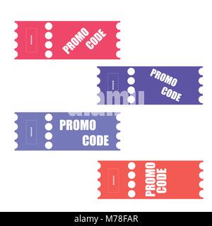 Promo code, coupon code. Flat vector set of tickets design illustration on white background. Stock Vector