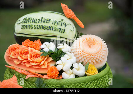 thai food carving at the Loy Krathong festival at the Santichaiparakan park in Banglamphu in the city of Bangkok in Thailand.  Thailand, Bangkok, Nove Stock Photo