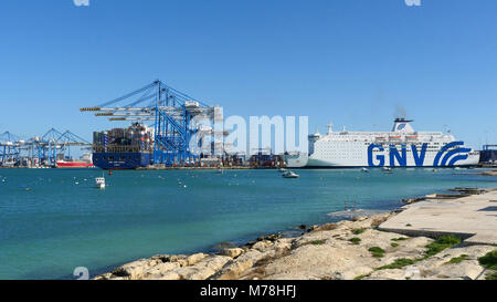 The container port in Malta.  Wide Angle.  Malta Freeport. From Pretty Bay Stock Photo