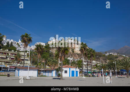 The villas and houses that now overlook what used to be the small Fishing Village of Nerja in Andalucia, on the Mediterranean Coast. Stock Photo