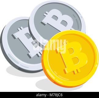Bitcoin. 2D cartoon bit coin. Digital currency. Cryptocurrency. Golden coins with symbol isolated on white background. Stock vector illustration Stock Vector
