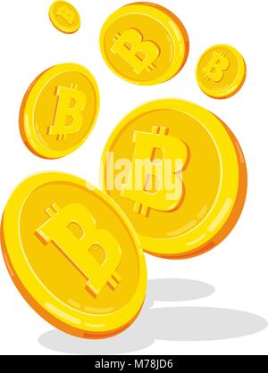 Bitcoin. 2D cartoon bit coin. Digital currency. Cryptocurrency. Golden coins with symbol isolated on white background. Stock vector illustration Stock Vector