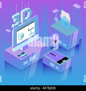 Isometric designer workplace. 3d design workplace. Vector illustration. Stock Vector