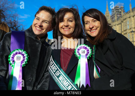 Labour Party launches a yearlong campaign outside Parliament to celebrate the centenary of women’s suffrage and look at how they can take the next steps to achieve full equality for women. Female members of the Shadow Cabinet and Labour politicians, wearing Labour styled suffragette rosettes with placards in front of a ‘100 Years of Women Voting’ banner.  Featuring: View Where: London, United Kingdom When: 06 Feb 2018 Credit: WENN.com Stock Photo