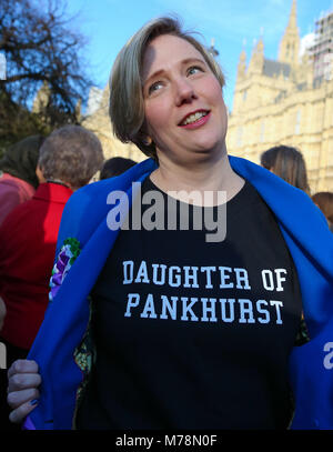 Labour Party launches a yearlong campaign outside Parliament to celebrate the centenary of women’s suffrage and look at how they can take the next steps to achieve full equality for women. Female members of the Shadow Cabinet and Labour politicians, wearing Labour styled suffragette rosettes with placards in front of a ‘100 Years of Women Voting’ banner.  Featuring: Stella Creasy Where: London, United Kingdom When: 06 Feb 2018 Credit: WENN.com Stock Photo