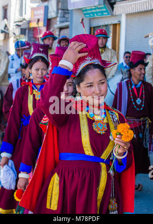 Unidentified Ladakhi people with traditional costumes participates in the Ladakh Festival in Leh India Stock Photo