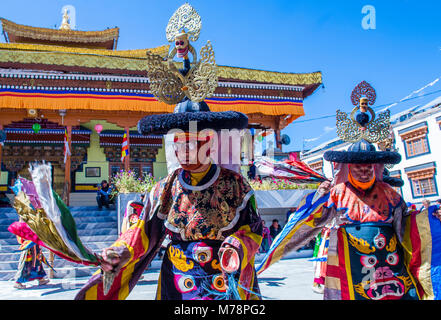 Buddhist monks performing Cham dance during the Ladakh Festival in Leh India Stock Photo