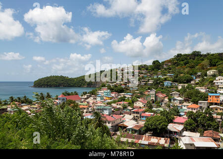 The small town of Canaries, with Canaries Bay beyond, St. Lucia, Windward Islands, West Indies Caribbean, Central America Stock Photo