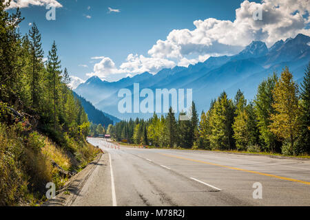 Scenic view of the mountains aligning the Trans Canada Highway in Glacier National Park, British Columbia, Canada, North America Stock Photo