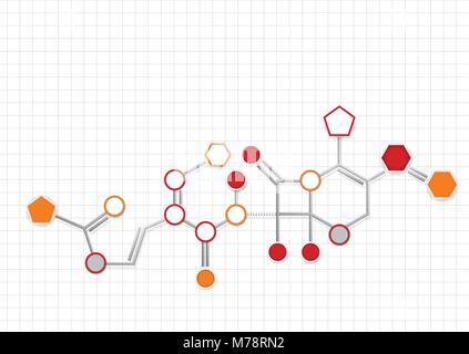 Example of chemical formula represented with circles, pentagons and hegagons of orange and gray color connected with thick gray lines Stock Vector