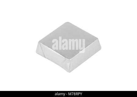 top view closeup of chocolate candy bar wrapped in silver foil packaging isolated on white background Stock Photo