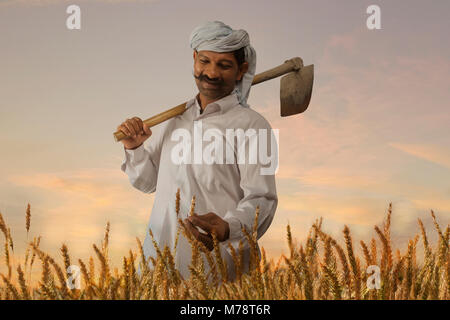 Happy farmer checking the rice before harvest Stock Photo