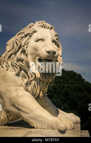 age-old white marble greek mythological lion sculpture in front of Vorontsov palace in Crimea Stock Photo