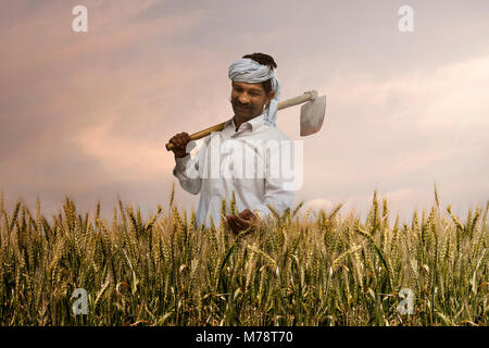 Happy farmer checking the rice before harvest Stock Photo