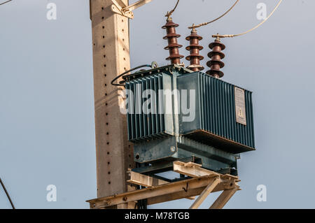 electric transformer on a post, Ebro delta, Catalonia, Spain Stock Photo