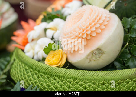 thai food carving at the Loy Krathong festival at the Santichaiparakan park in Banglamphu in the city of Bangkok in Thailand.  Thailand, Bangkok, Nove Stock Photo