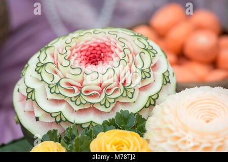 thai food carving at the Loy Krathong festival at the Santichaiparakan park in Banglamphu in the city of Bangkok in Thailand.  Thailand, Bangkok, Nove Stock Photo