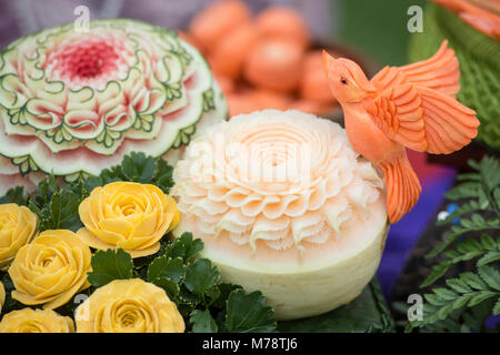 thai food carving at the Loy Krathong festival at the Santichaiparakan park in Banglamphu in the city of Bangkok in Thailand.  Thailand, Bangkok, Nove Stock Photo