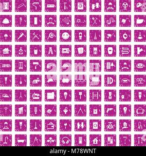 100 renovation icons set grunge pink Stock Vector