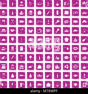100 restaurant icons set grunge pink Stock Vector