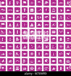 100 sailing vessel icons set grunge pink Stock Vector