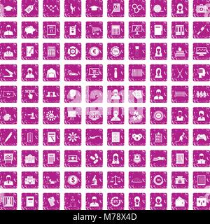 100 statistic data icons set grunge pink Stock Vector