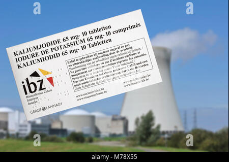 Doel nuclear power plant and iodide tablets to protect Belgian residents from radioactive fall-out in the event of an accident or leak in Belgium Stock Photo