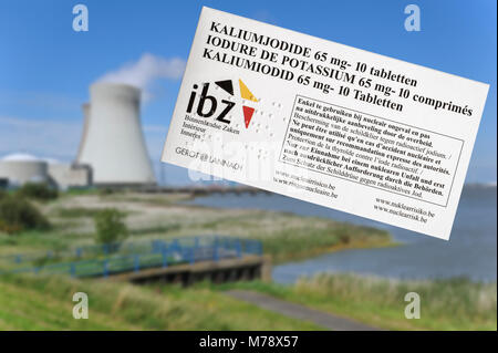 Doel nuclear power plant and iodide tablets to protect Belgian residents from radioactive fall-out in the event of an accident or leak in Belgium Stock Photo