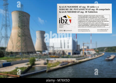 Tihange nuclear power plant and iodide tablets to protect Belgian residents from radioactive fall-out in the event of an accident or leak in Belgium Stock Photo