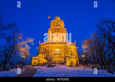 Budapest, Hungary - Elizabeth Lookout (Erzsebet Kilato) on the top of Janos Hill at blue hour on a cold winter night with clear blue sky Stock Photo