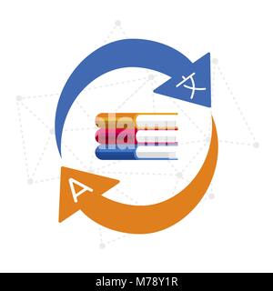Books used for language translation in modern flat art style. International communications and multilingual education concept illustration. EPS10 vect Stock Vector