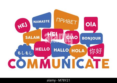 Chat bubbles with different foreign languages hello word, concept illustration for translation idea or international communication. EPS10 vector. Stock Vector