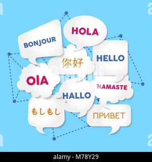 Chat bubbles with hello word in different languages, concept illustration for translation idea or international communication. EPS10 vector. Stock Vector