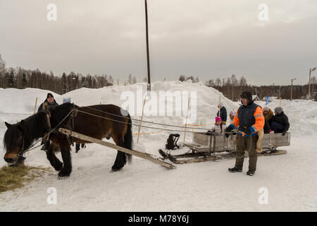 Mellansel,Sweden - Mars 07,2018:Refugees trying an old way of transportation on a field day in Mellansel, Sweden on March 07, 2018. Stock Photo