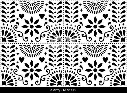 Folk art vector seamless pattern, Mexican black and white design with flowers inspired by traditional art form Mexico Stock Vector