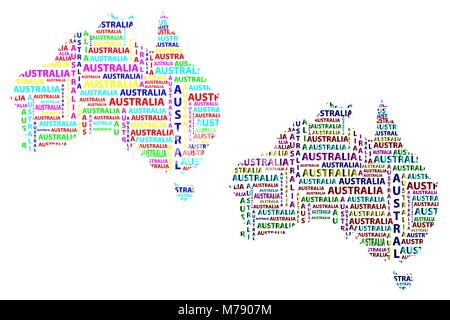 Sketch Australia letter text continent, Australia word - in the shape of the continent, Map of continent Australia - color vector illustration Stock Vector