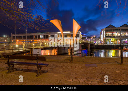 Peros Bridge over St Augustines Reach in the Bristol Floating Harbour viewed from Narrow Quay, England. Stock Photo