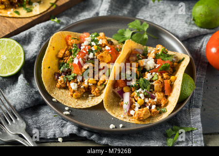 Healthy Homemade Sofritas Tofu Tacos with Tomato Onion and Cilantro Stock Photo