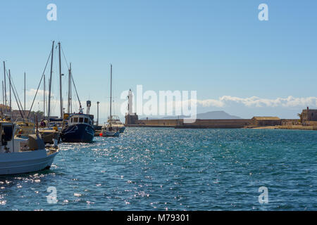 CHANIA, CRETE - 1 May, 2015: Boats moored in port of Chania. Greece Stock Photo
